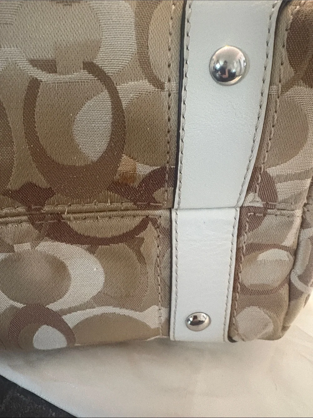 COACH Pearl White & Beige in Signature Canvas and Leather CARLY Hobo